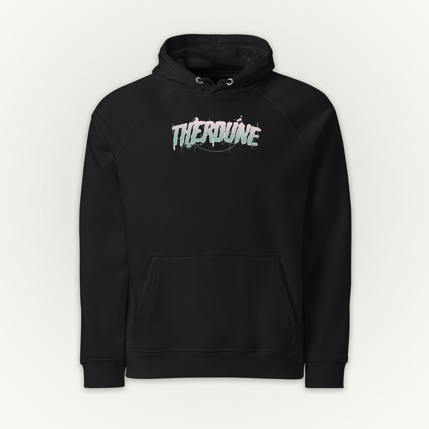 Front of hoodie with stylized pink and teal Therdune logo.