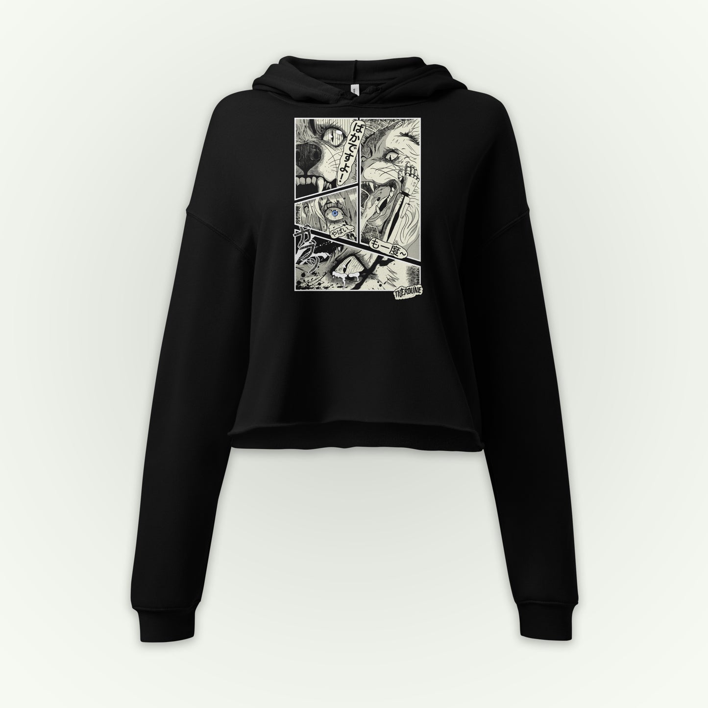 Feminine style cropped black hoodie with 4 panel manga style illustration with japanese text and Therdune logo.