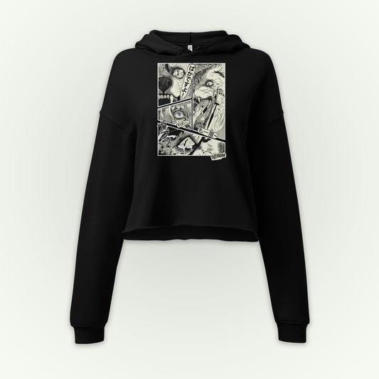 Feminine style cropped black hoodie with 4 panel manga style illustration with japanese text and Therdune logo.