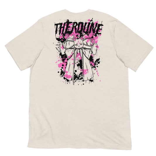 Back of cream color shirt with a graphic of a bow with pink and black paint splatter and a Therdune logo. flat lay on transparent background.