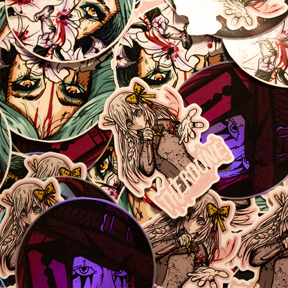 Sticker of an anime-style character with pink hair and a bow, holding a knife, on a pile of various stickers.