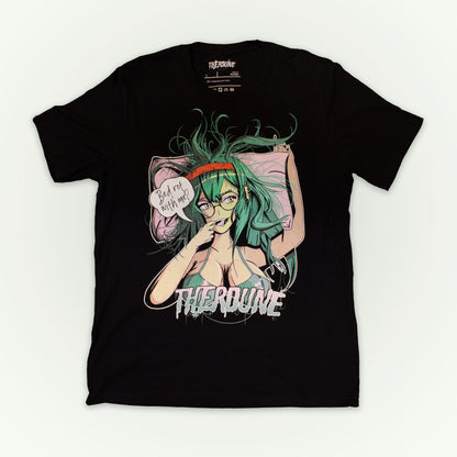 Black shirt with anime style woman, teal hair and bra, with speech bubble saying "Bed Rot With Me?". Flat lay on white background.