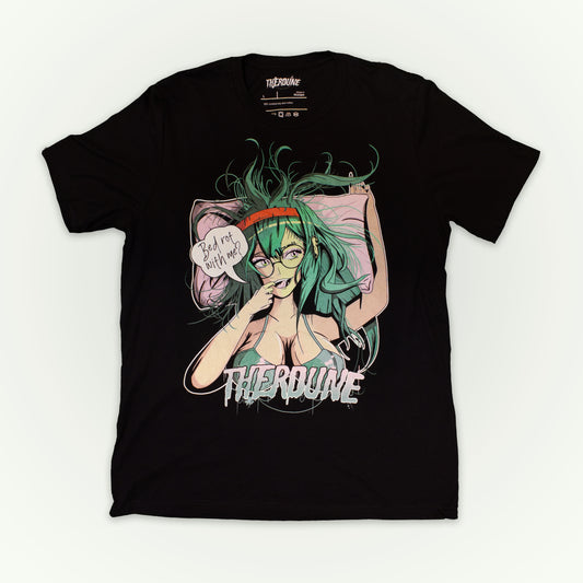 Black shirt with anime style woman, teal hair and bra, with speech bubble saying "Bed Rot With Me?". Flat lay on white background.