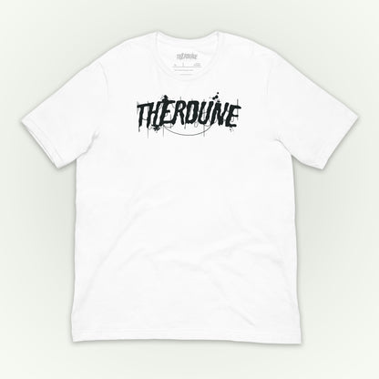 White shirt with "Therdune" logo flat lay on white background.