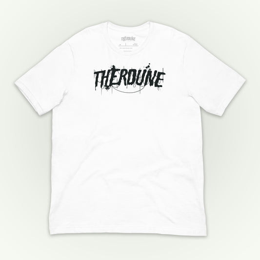 White shirt with "Therdune" logo flat lay on white background.