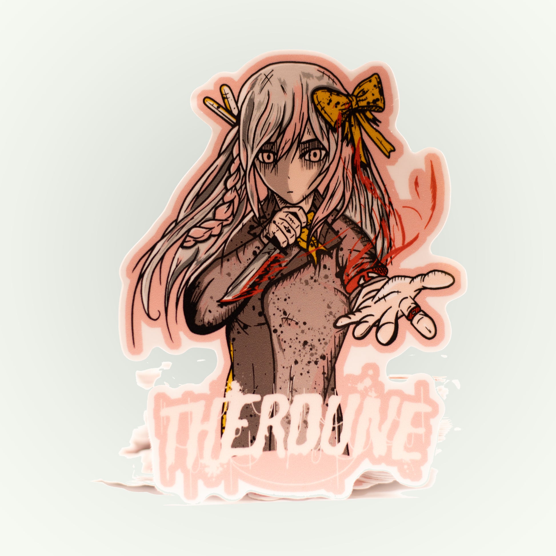 Sticker of an anime-style character with pink hair and a bow, holding a knife, on a white background.