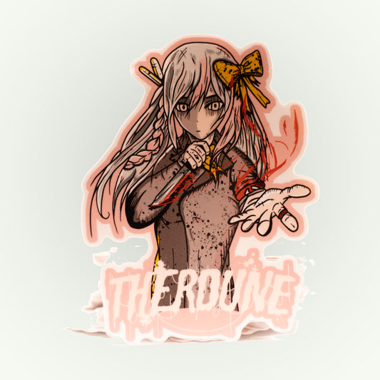 Sticker of an anime-style character with pink hair and a bow, holding a knife, on a white background.