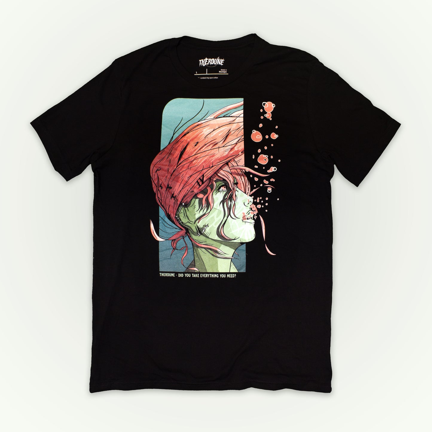 Black shirt with a woman underwater with pink hair. Text that says "Did you take everything you need? - Therdune". flat lay on transparent background.