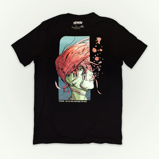 Black shirt with a woman underwater with pink hair. Text that says "Did you take everything you need? - Therdune". flat lay on transparent background.