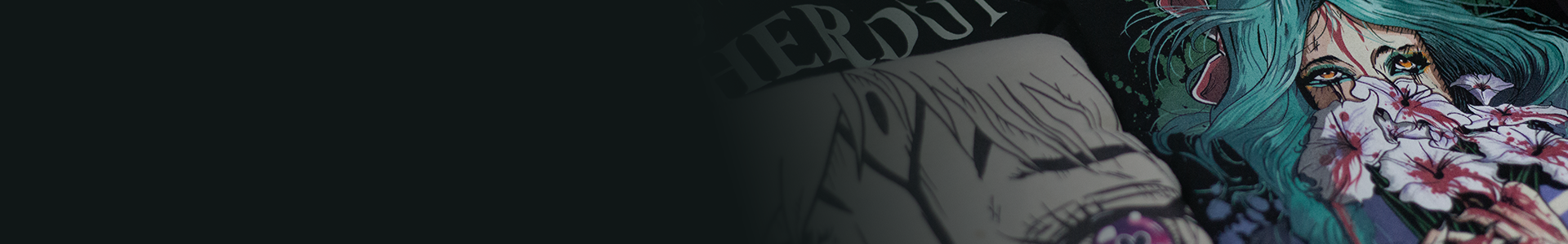 A stack of shirts with a illustration of a character with teal hair and flowers, on a dark background