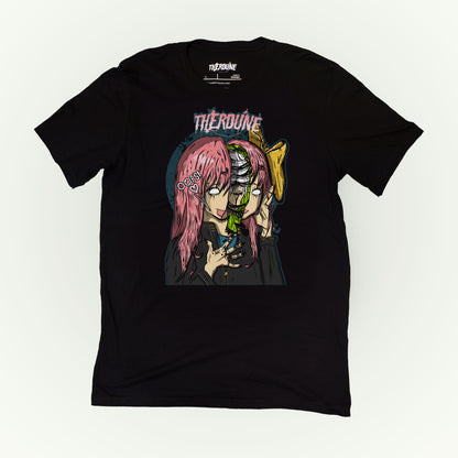 Black shirt with an anime face splitting in half with a crying person inside. flat lay on white background.