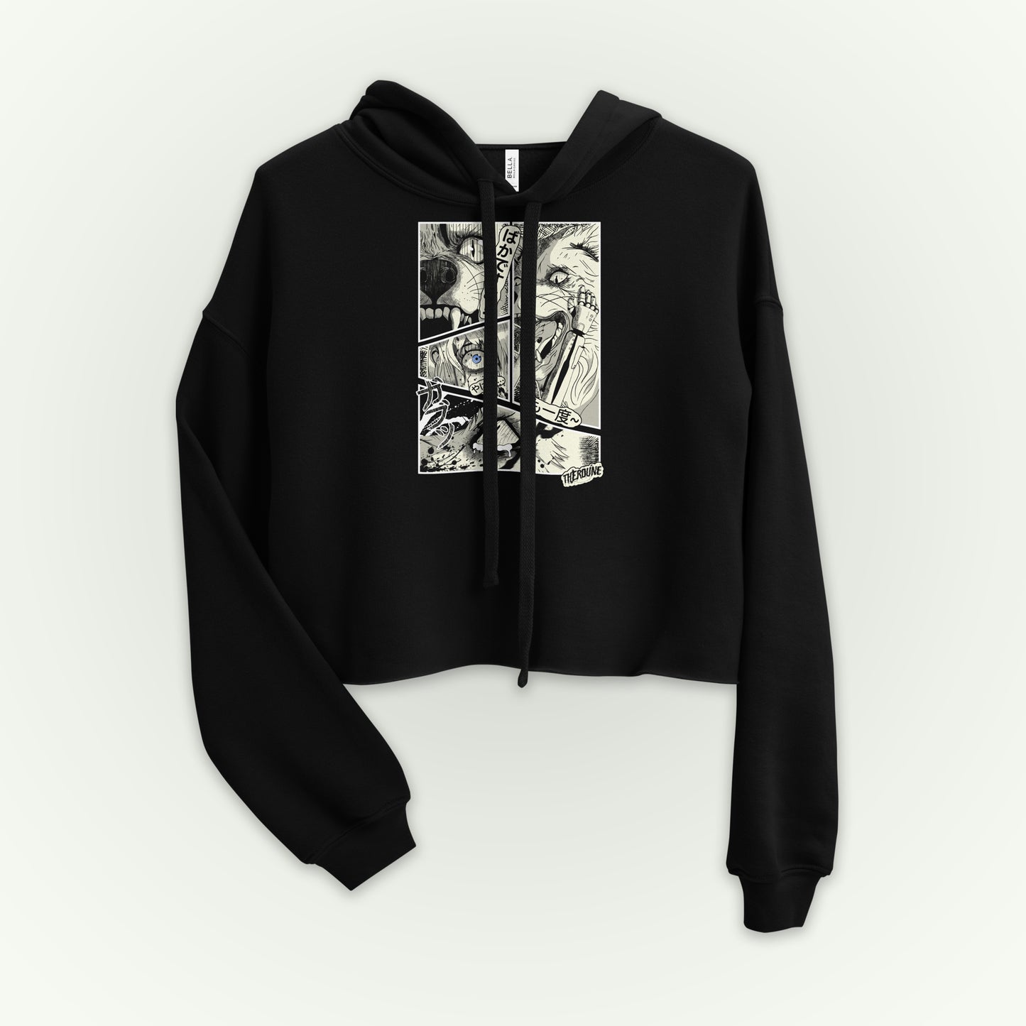 Feminine style cropped black hoodie with 4 panel manga style illustration with japanese text and Therdune logo.
