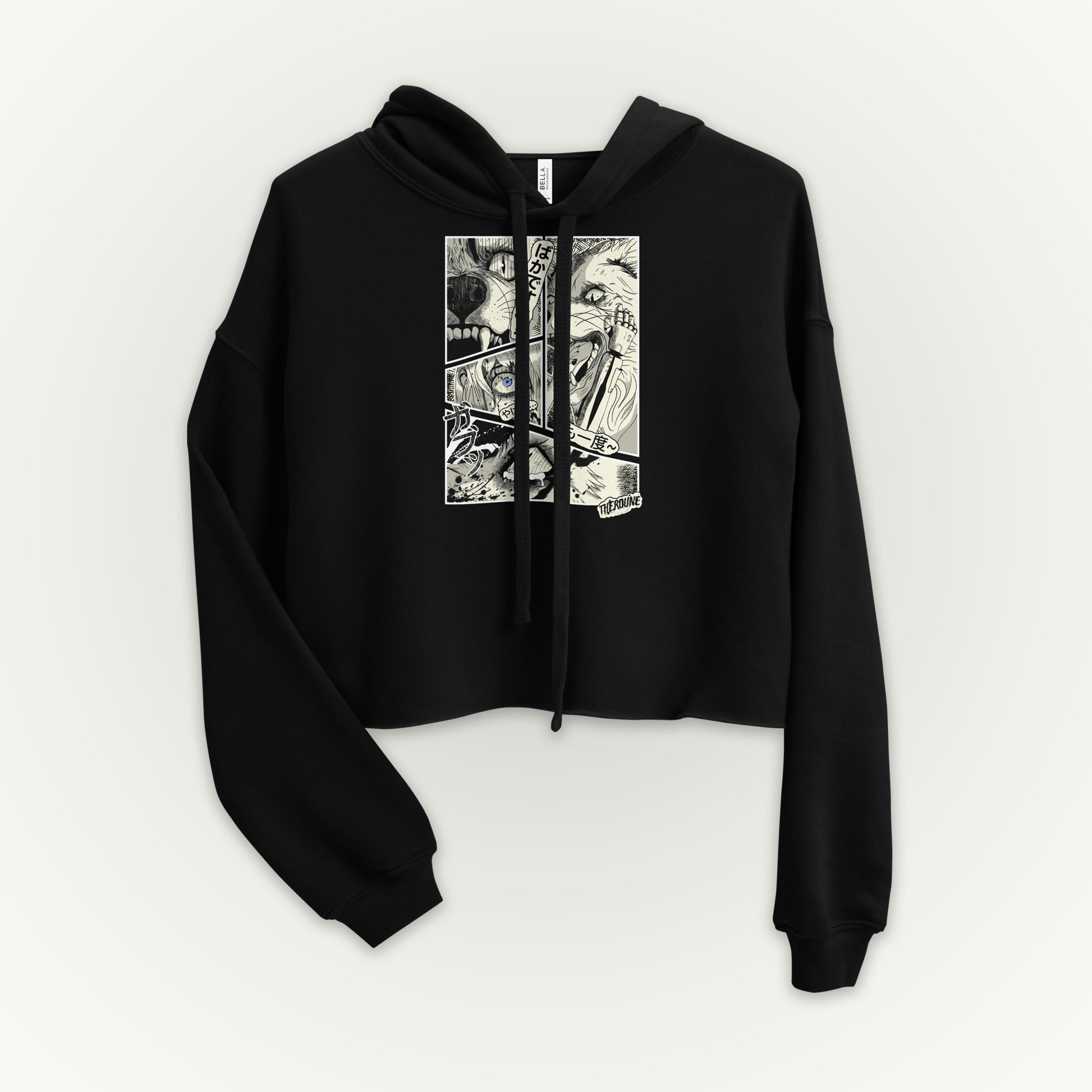 Feminine style cropped black hoodie with 4 panel manga style illustration with japanese text and Therdune logo.