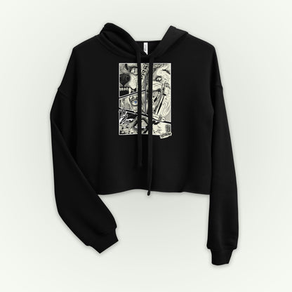 Feminine style cropped black hoodie with 4 panel manga style illustration with japanese text and Therdune logo.