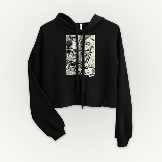 Feminine style cropped black hoodie with 4 panel manga style illustration with japanese text and Therdune logo.