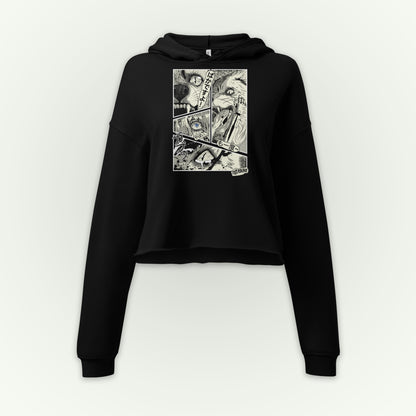 Feminine style cropped black hoodie with 4 panel manga style illustration with japanese text and Therdune logo.