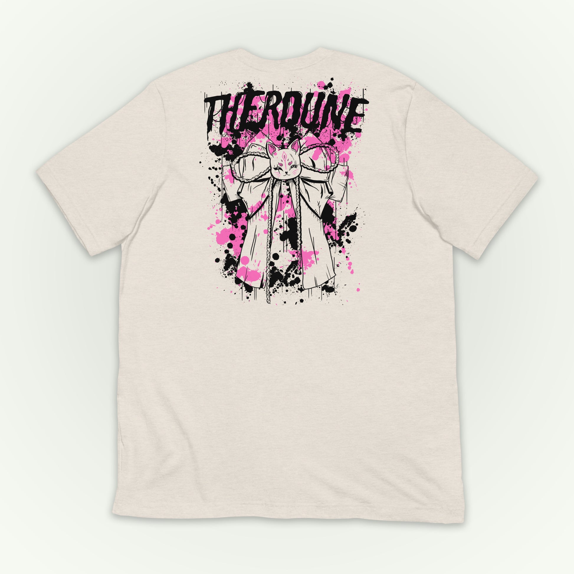Back of cream color shirt with a graphic of a bow with pink and black paint splatter and a Therdune logo. flat lay on transparent background.