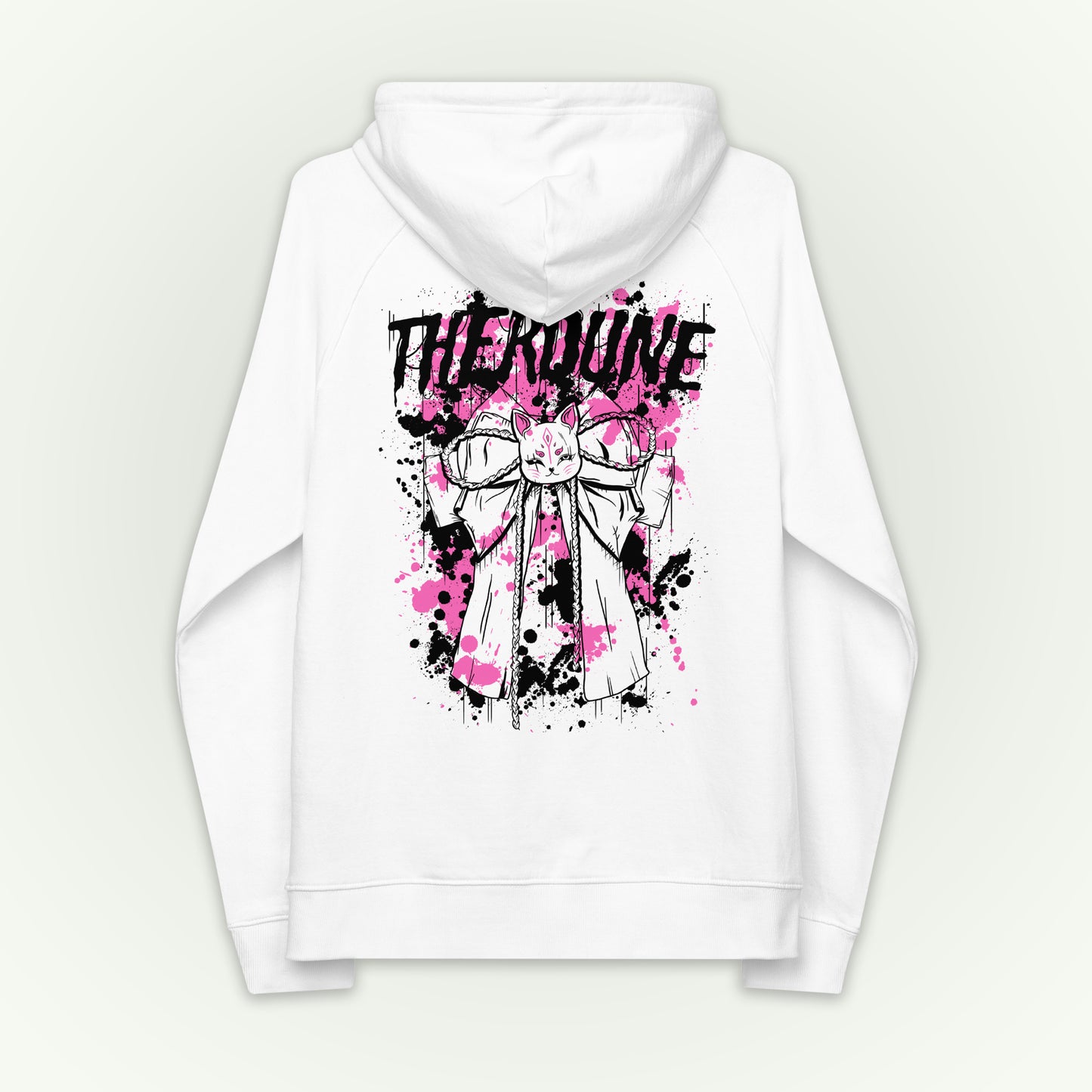White hoodie with "Therdune" logo, a stylized kitsune bow, pink and black paint splatter 