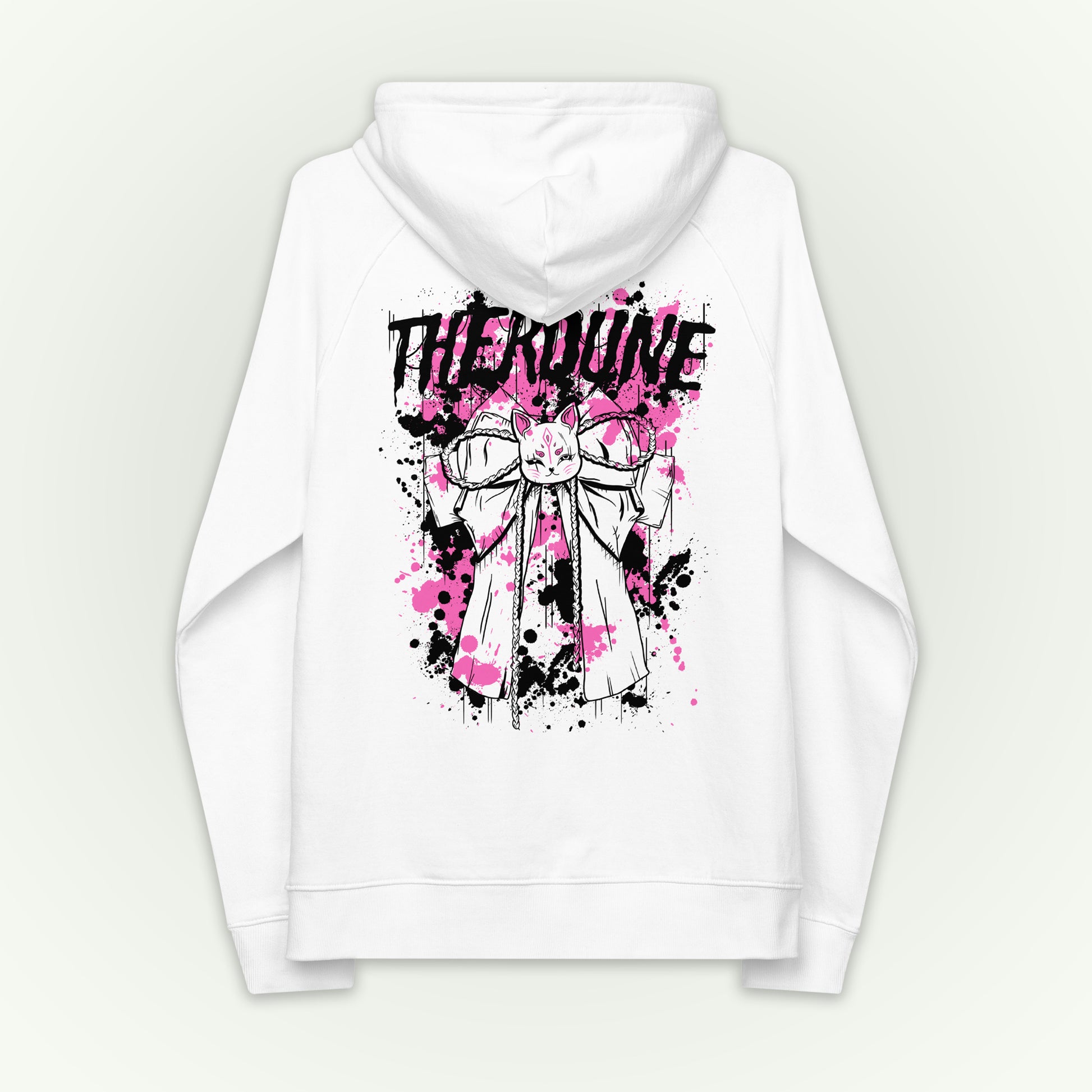 White hoodie with "Therdune" logo, a stylized kitsune bow, pink and black paint splatter 