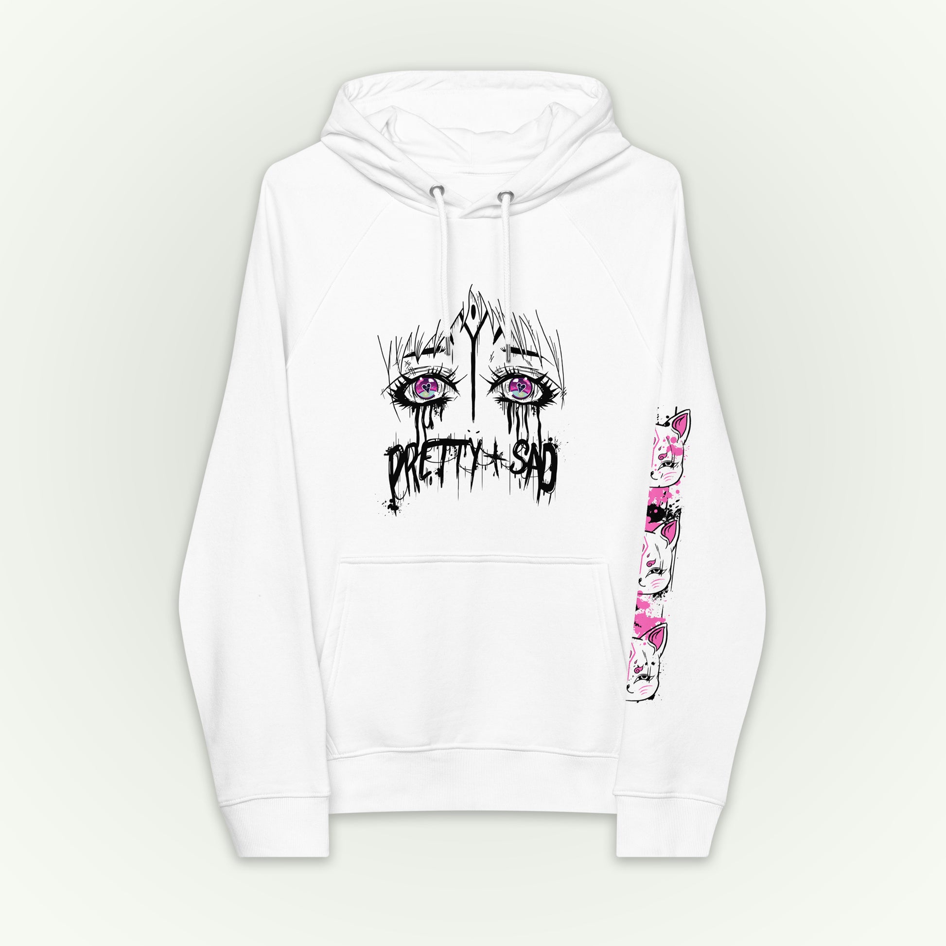A white hoodie with a graphic print of stylized eyes and the text 'Pretty & Sad' on the front.