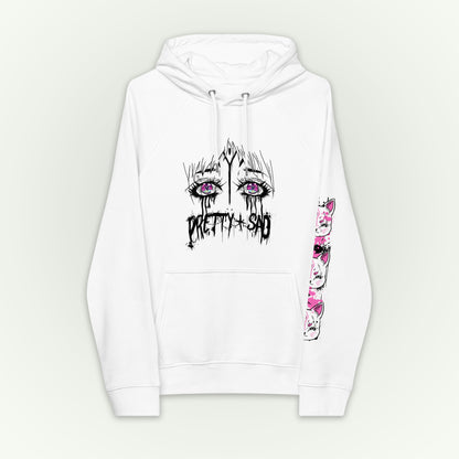 A white hoodie with a graphic print of stylized eyes and the text 'Pretty & Sad' on the front.