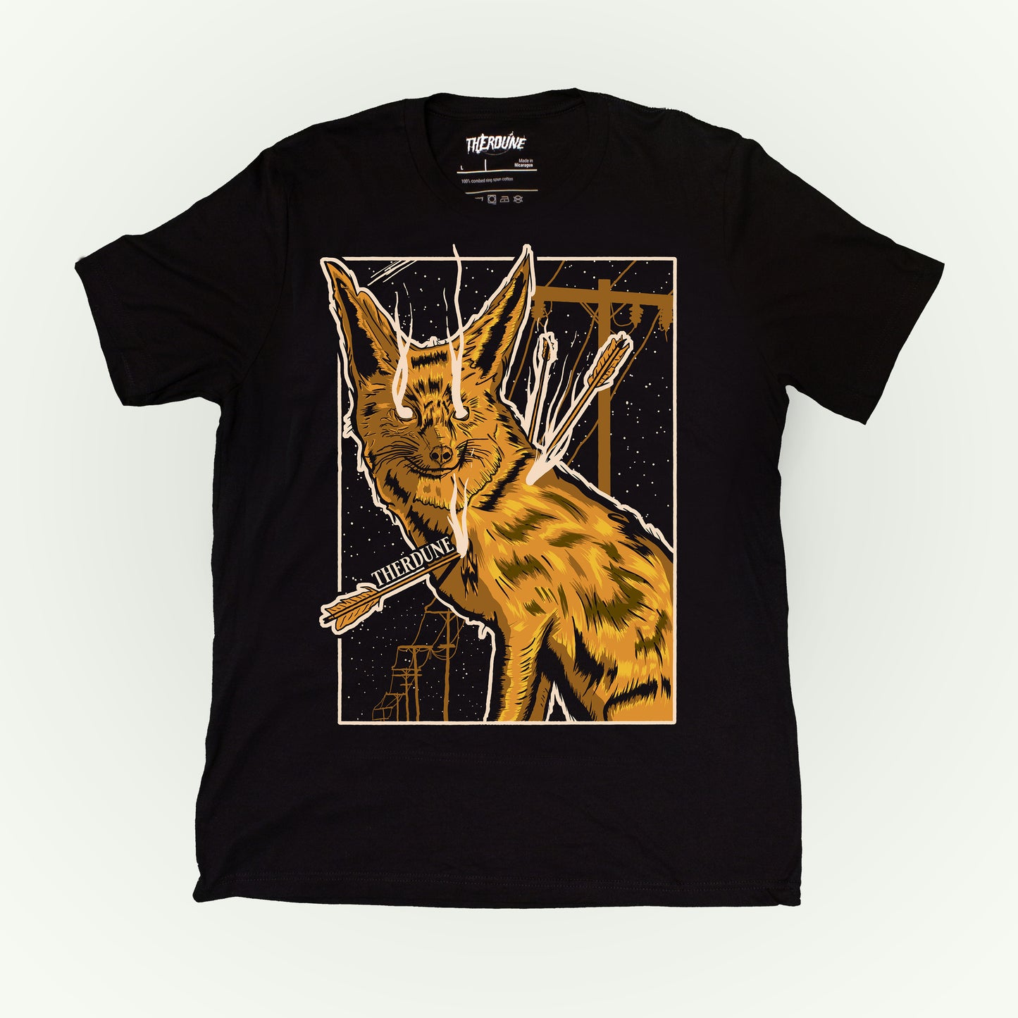 Black shirt with a graphic of a fox impaled with arrows. flat lay on white background.