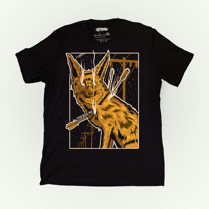 Black shirt with a graphic of a fox impaled with arrows. flat lay on white background.