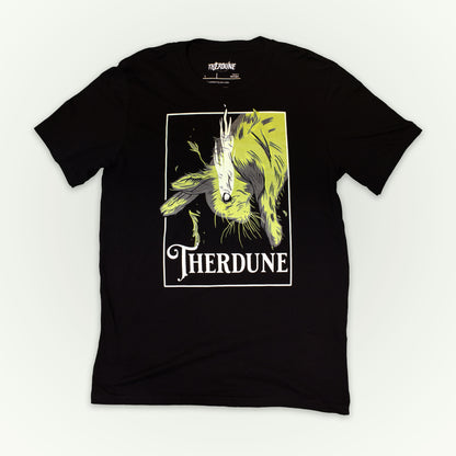 Black shirt with graphic of a falling rabbit, smokey tears coming out from the rabbit's eye. "Therdune" logo framed below. Flat lay on transparent background.