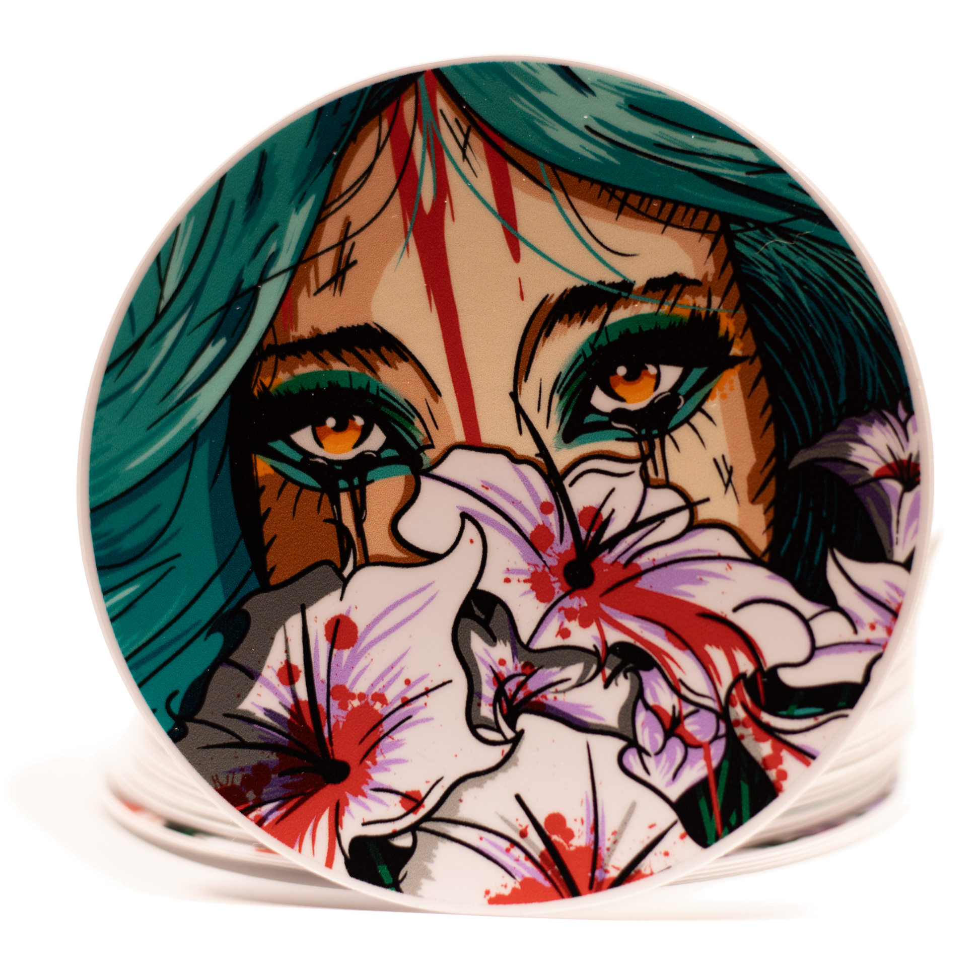 Sticker with a stylized illustration of a person with teal hair and colorful makeup on a white background.