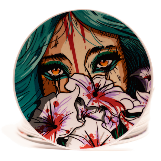 Sticker with a stylized illustration of a person with teal hair and colorful makeup on a white background.