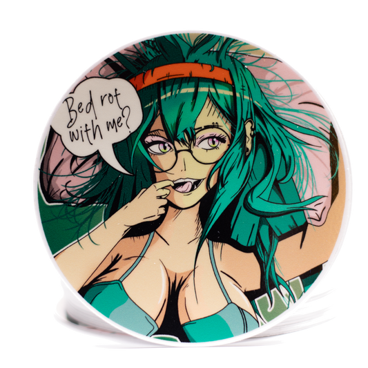 Circular product with anime-style character and text bubble saying "bed rot with me?" on a white background.