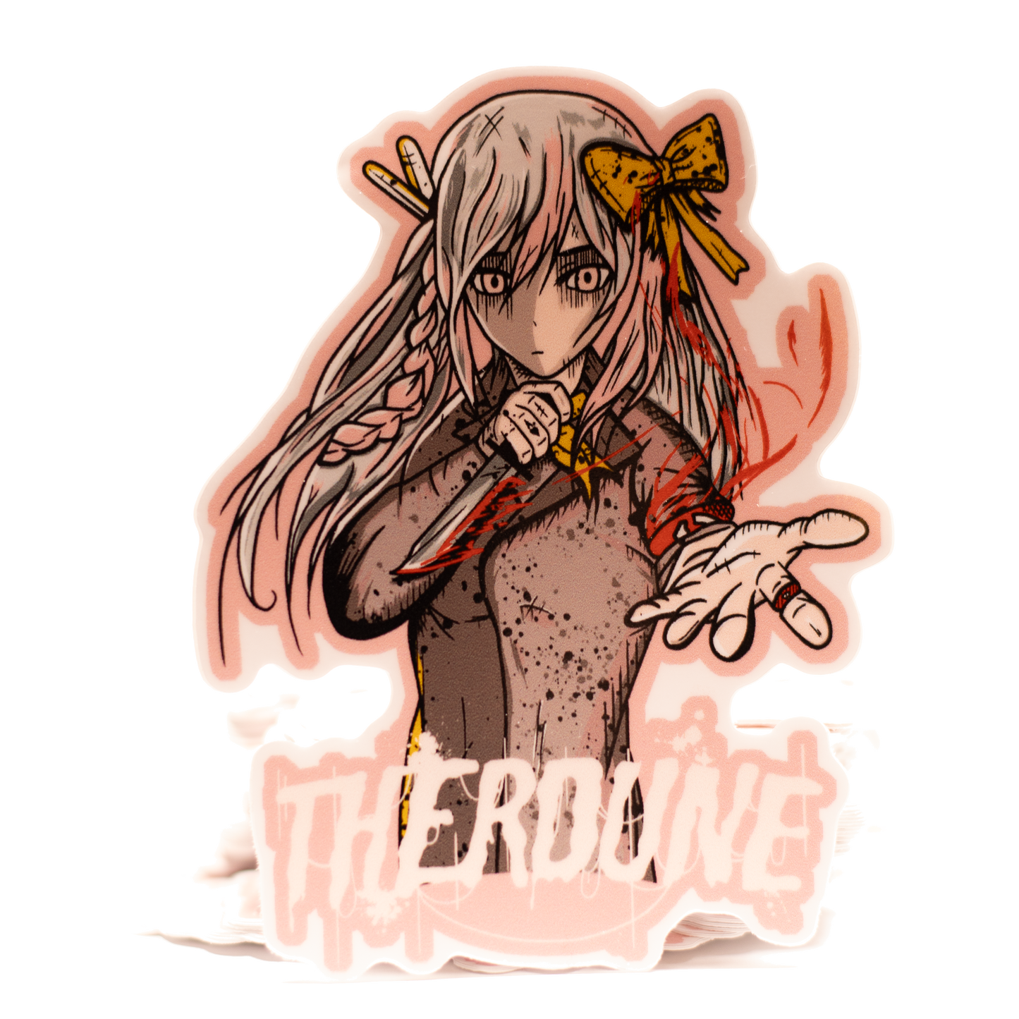 Sticker of an anime-style character with pink hair and a bow, holding a knife, on a white background.