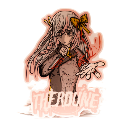 Sticker of an anime-style character with pink hair and a bow, holding a knife, on a white background.