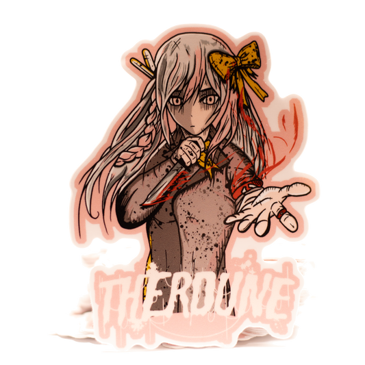 Sticker of an anime-style character with pink hair and a bow, holding a knife, on a white background.