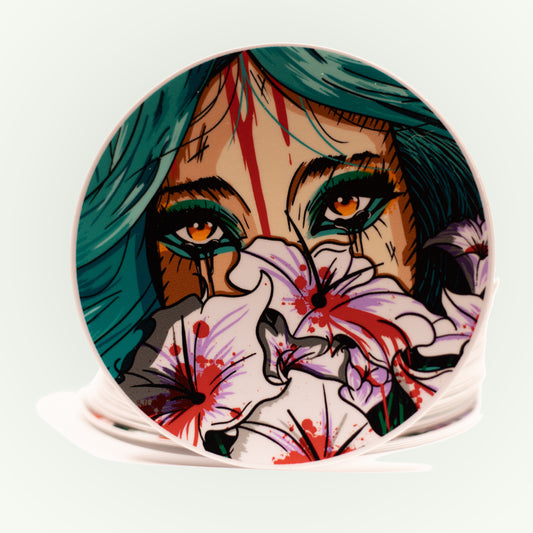 Sticker with a stylized illustration of a person with teal hair and colorful makeup on a white background.