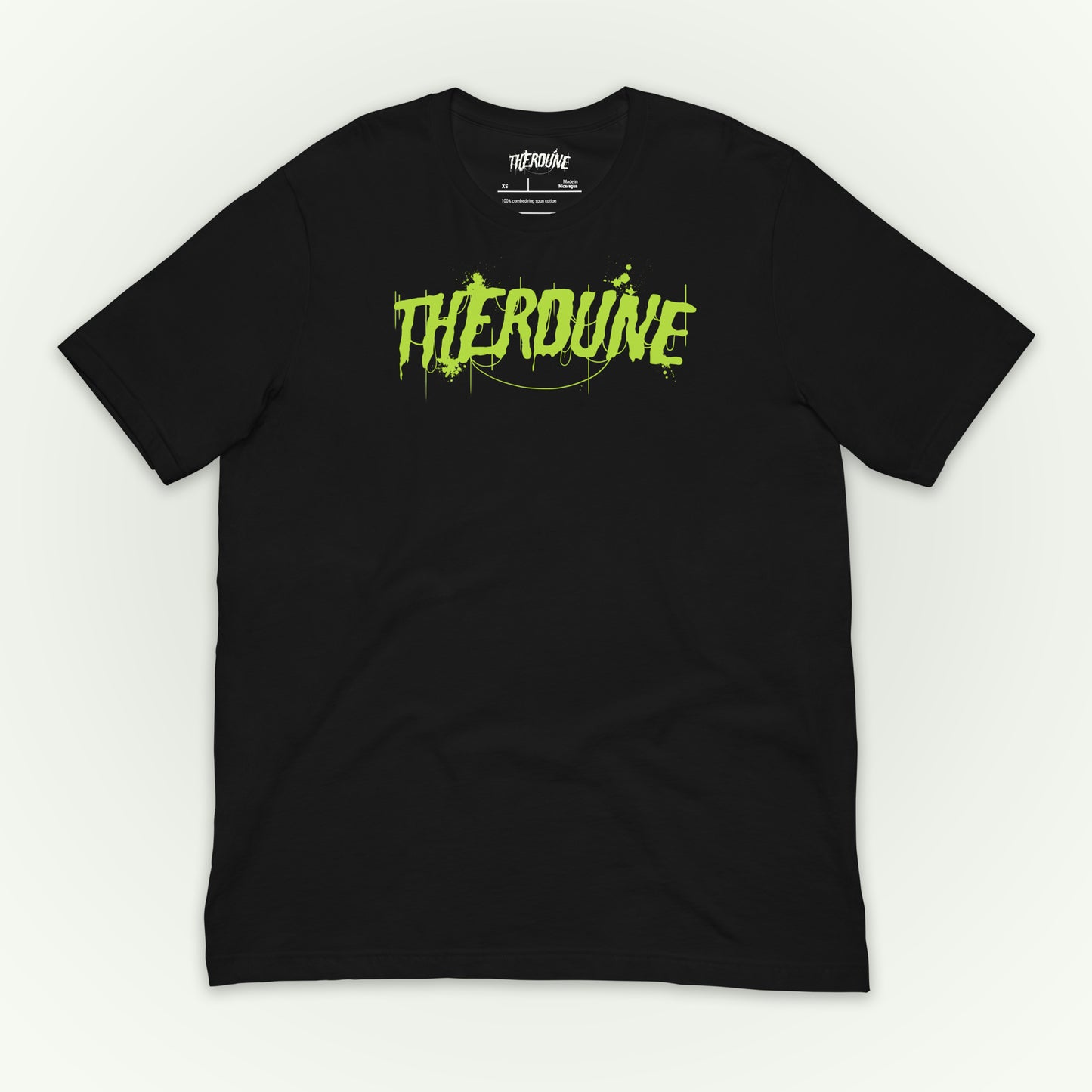 Black shirt with "Therdune" logo flat lay on white background.