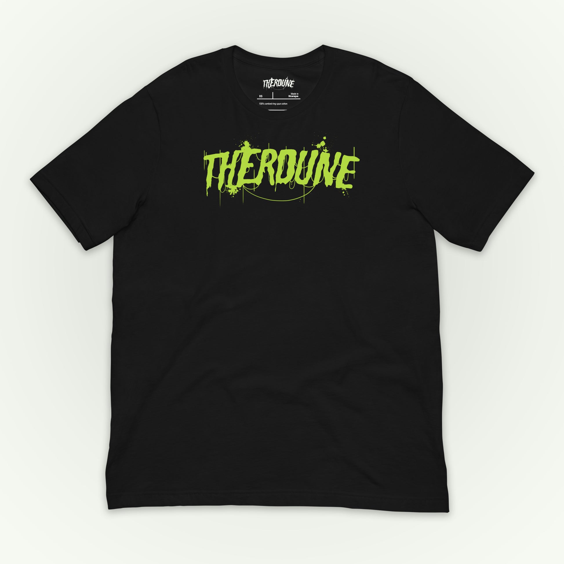 Black shirt with "Therdune" logo flat lay on white background.