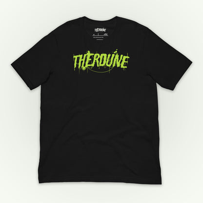Black shirt with "Therdune" logo flat lay on white background.