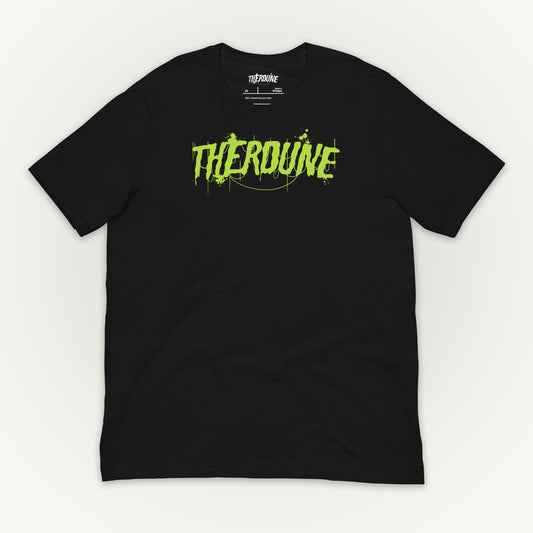 Black shirt with "Therdune" logo flat lay on white background.