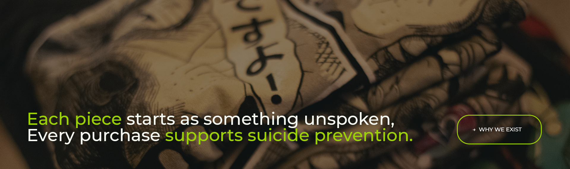 A stack of Therdune shirts. A caption reads "each piece starts as something unspoken, every purchase supports suicide prevention. A button is present labelled "Why we exist" 