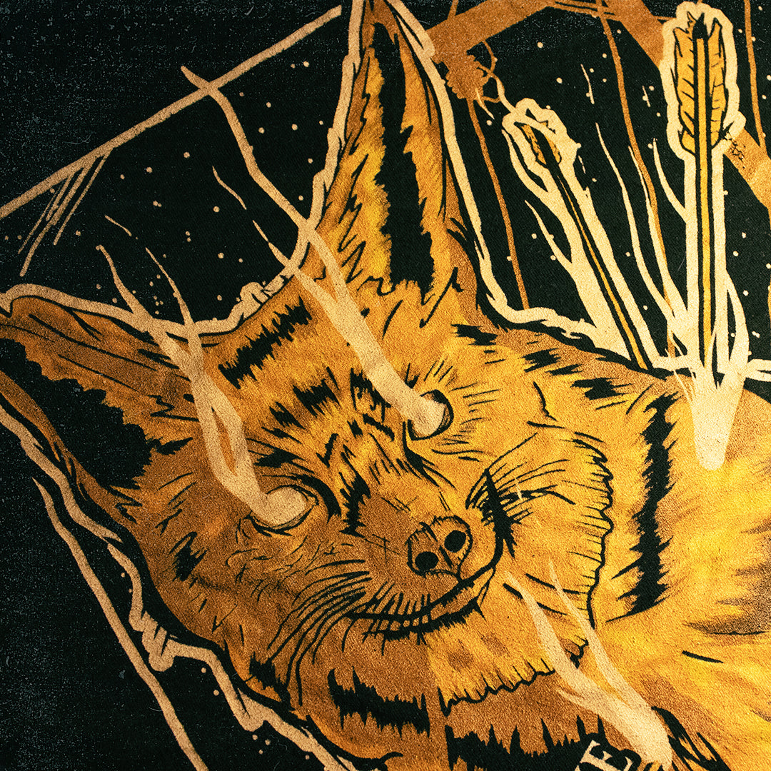 Black shirt with a graphic of a fox impaled with arrows. flat lay on transparent background.
