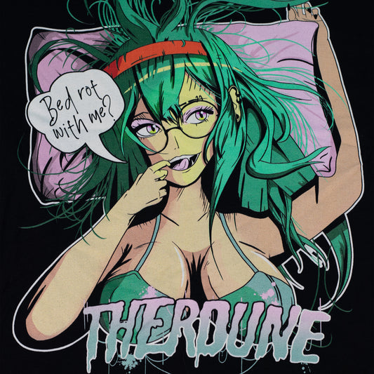 Black shirt with anime style woman, teal hair and bra, with speech bubble saying "Bed Rot With Me?". 