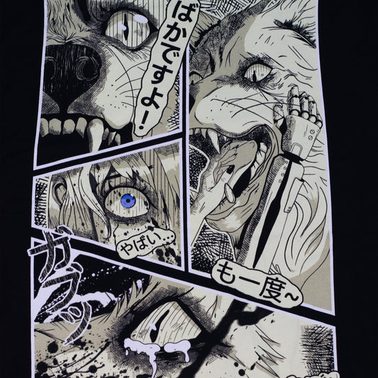 Black shirt with 4 panel manga style illustration with japanese text and Therdune logo.