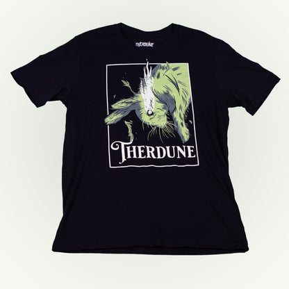 Black shirt with graphic of a falling rabbit, smokey tears coming out from the rabbit's eye. "Therdune" logo framed below. Flat lay on transparent background.