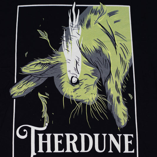 Black shirt with graphic of a falling rabbit, smokey tears coming out from the rabbit's eye. "Therdune" logo framed below. 