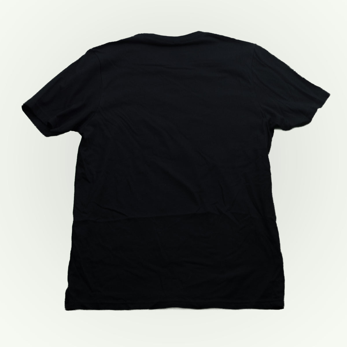 The back of a plain black short-sleeve crewneck t-shirt shown from the back, laid flat against a light off-white background.