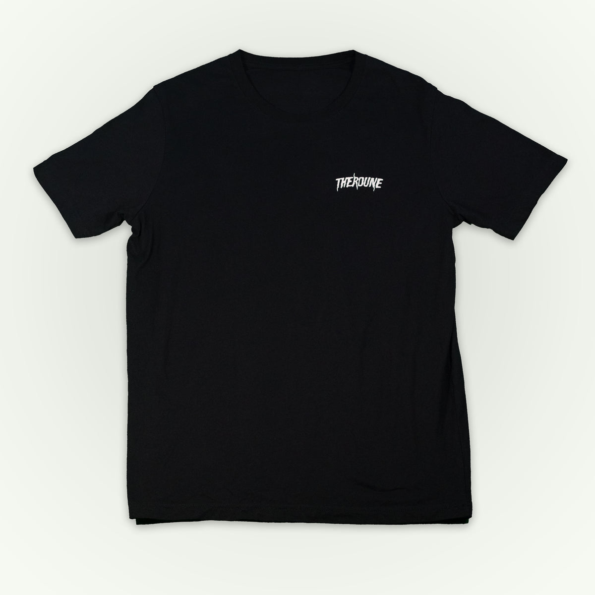 A black short-sleeve crewneck t-shirt laid flat against a light off-white background. A white Therdune logo is printed on the left chest.