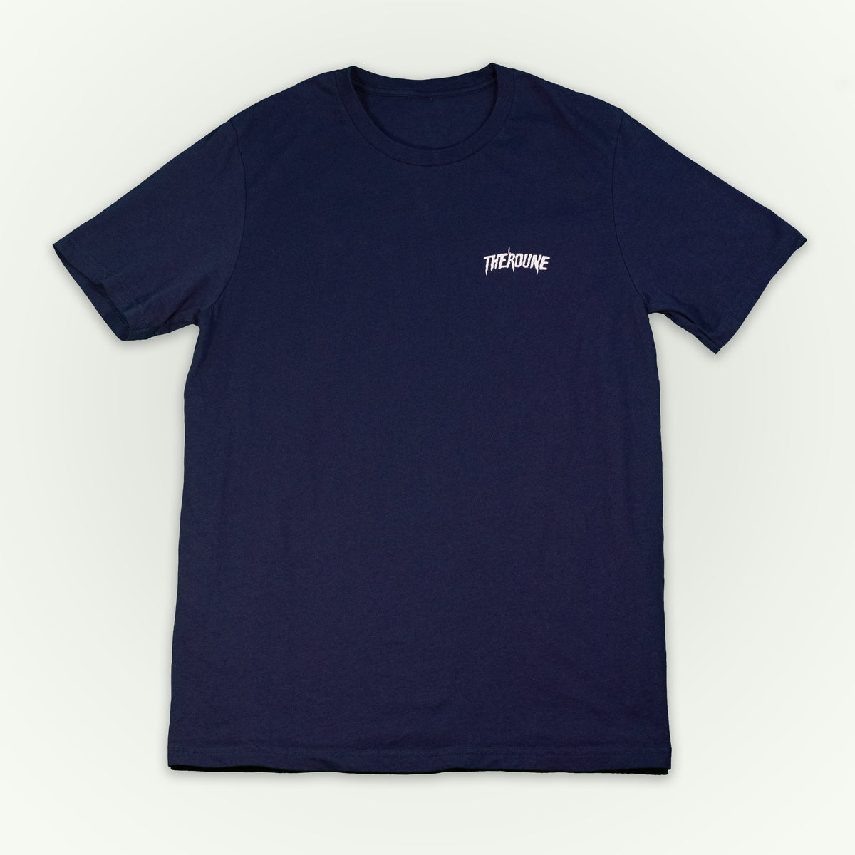 A navy short-sleeve crewneck t-shirt laid flat against a light off-white background. A white Therdune logo is printed on the left chest.