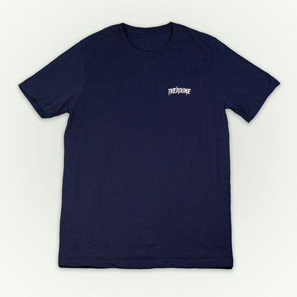 A navy short-sleeve crewneck t-shirt laid flat against a light off-white background. A white Therdune logo is printed on the left chest.
