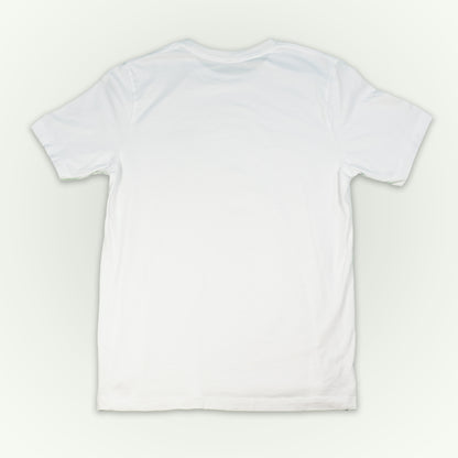 The back of a white short-sleeve crewneck t-shirt laid flat against a light off-white background. 